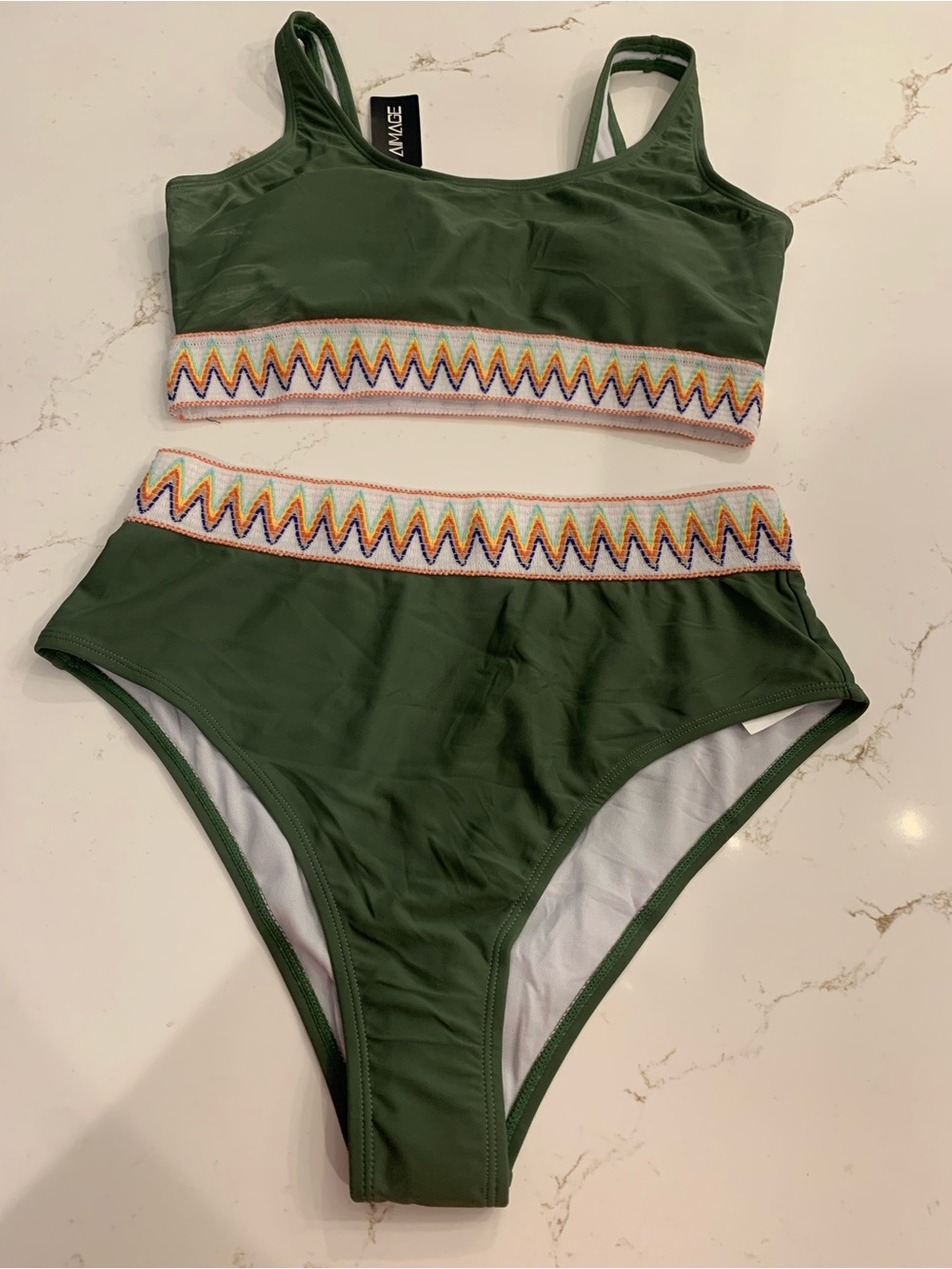 Bikini Swim Suit Size Large High Waisted Zig Zag Knit Forest Green 2 Piece NEW